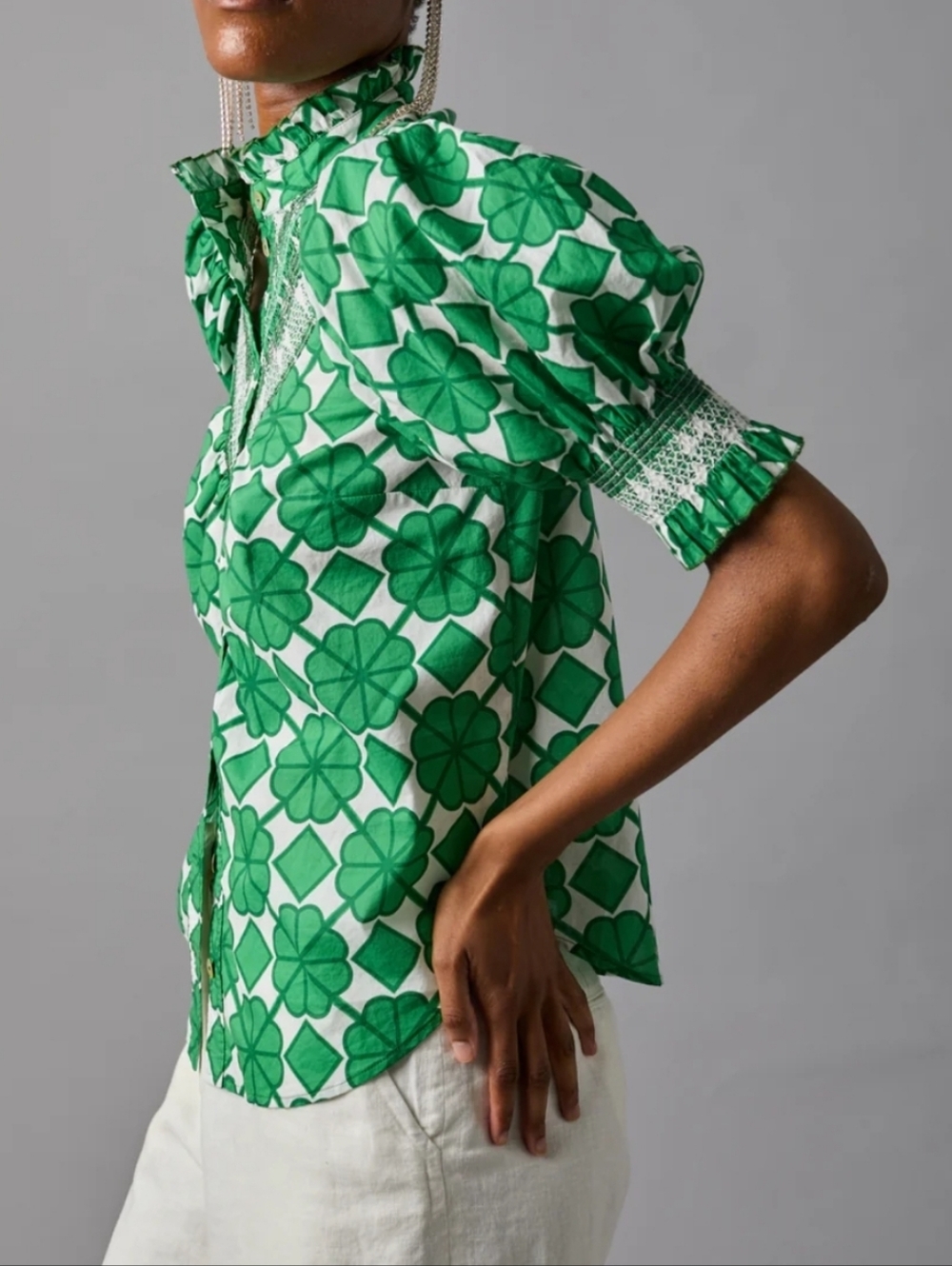 Hope for Flowers by Tracy Reese Organic Cotton Puff-Sleeve Smocked Blouse